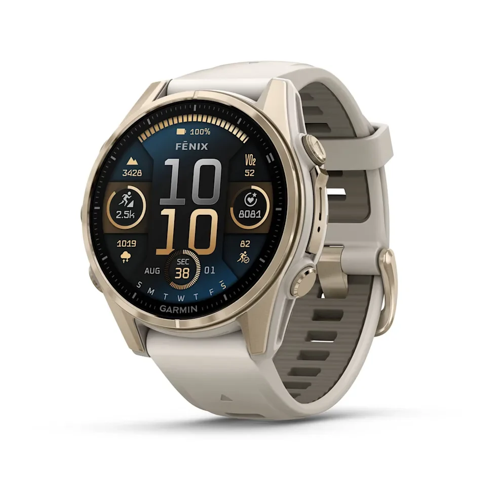 Garmin Fenix 8 (43 mm, AMOLED Sapphire, Soft Gold Bezel, Fog Gray Silicone Band)